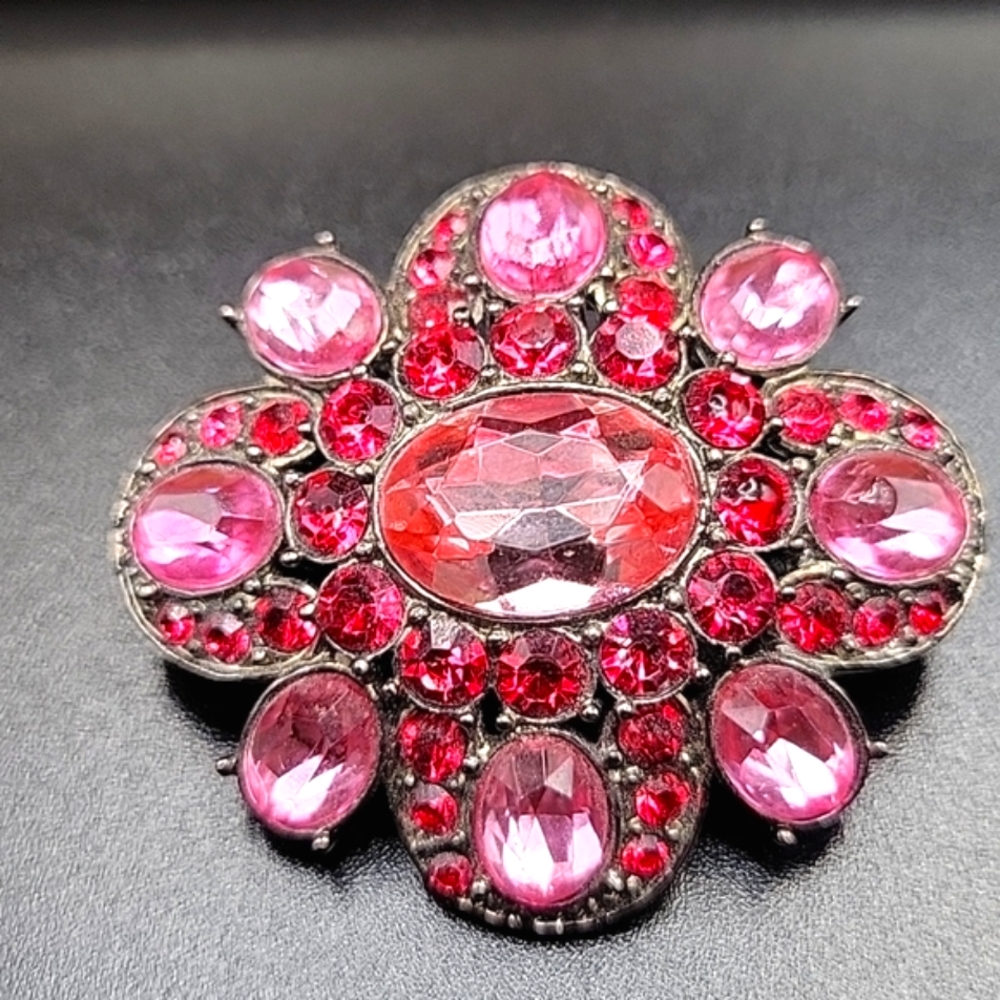 Vintage pink, red, silver tone brooch.